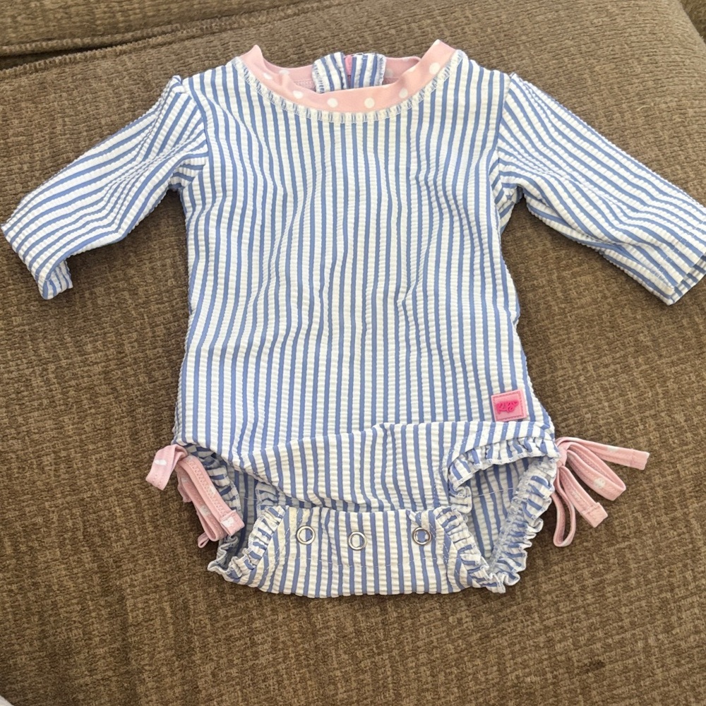 Ruffle Butts Blue and Pink Striped Kids Swim One Piece